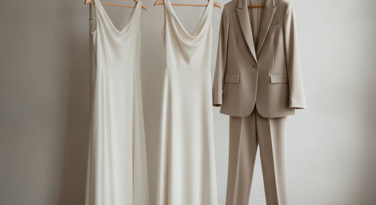 Drei schlichte helle Outfits auf Holzbügeln an einer Garderobenstange – ein knielanges Kleid, ein langes gerades Kleid und ein eleganter Hosenanzug