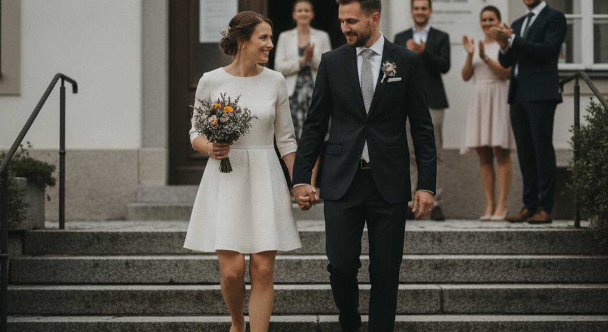 Paar Hand in Hand auf den Steinstufen eines schlichten Gemeindeamts, sie im kurzen hellen Kleid mit kleinem Blumenstrauß, er im dunklen Anzug