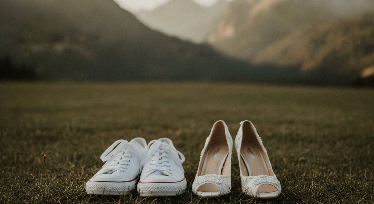 Weiße Sneaker neben eleganten Brautschuhen mit Absatz auf einer Almwiese im späten Nachmittagslicht