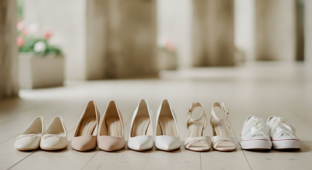 Fünf verschiedene Paar Brautschuhe in Elfenbein, Weiß und Nude nebeneinander auf hellem Holzboden – flache Ballerinas, Blockabsatz, Pumps, offene Sandale, weißer Sneaker