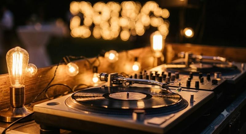 Ein DJ-Pult mit Plattenspieler und warmen Lichterketten bei einer Hochzeitsfeier am Abend