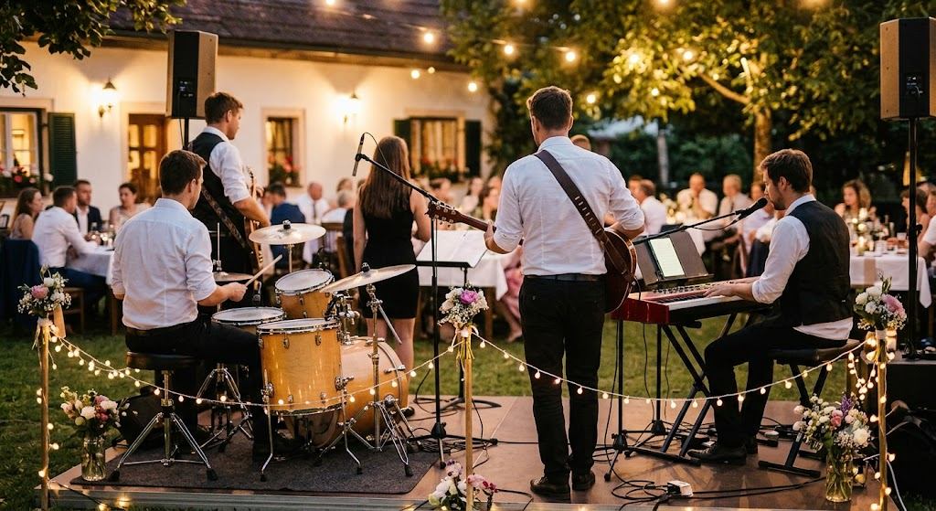 Eine Live-Band spielt bei einer Hochzeitsfeier in einem beleuchteten Gasthof-Garten