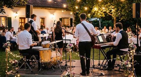 Eine Live-Band spielt bei einer Hochzeitsfeier in einem beleuchteten Gasthof-Garten