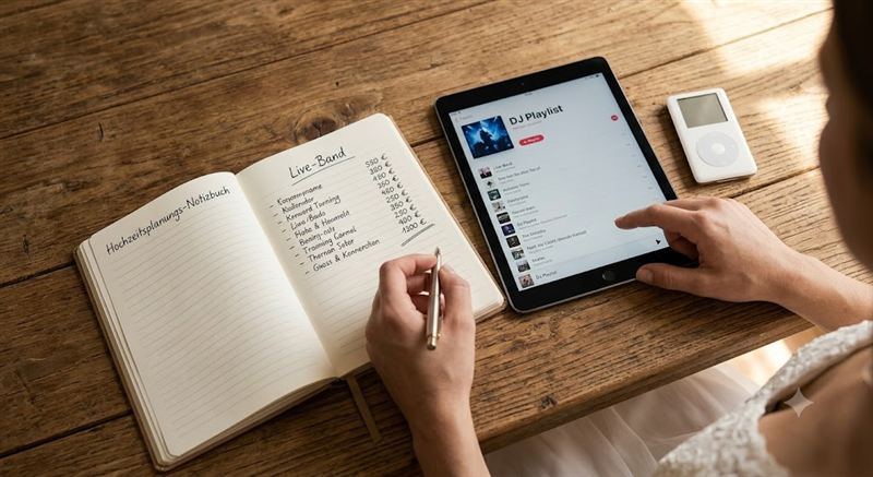 Hochzeitsplanungs-Notizbuch mit Live-Band-Kosten neben einem Tablet mit DJ-Playlist