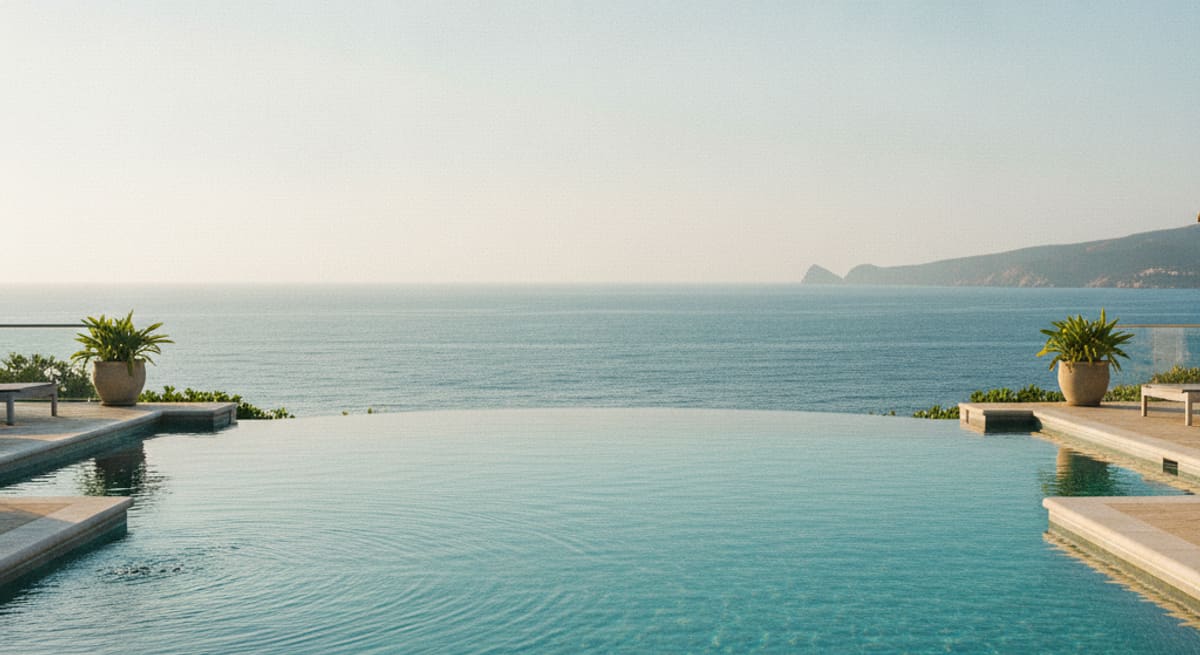 Infinity-Pool mit Blick auf türkisfarbenes Meer und Horizont, Vormittagslicht, keine Personen im Bild