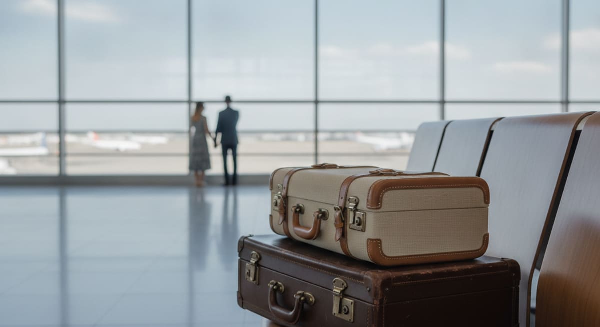 Zwei Reisekoffer und Reisedokumente auf einer Bank am Flughafen-Gate, natürliches Tageslicht, keine erkennbaren Personen