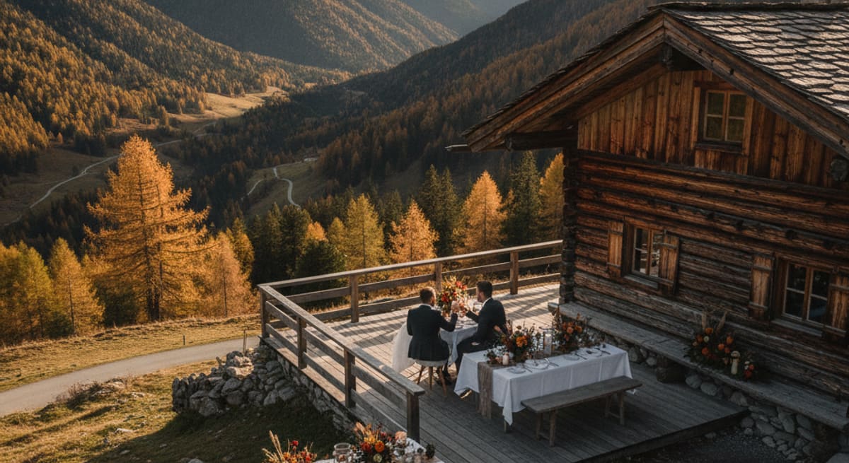 Rustikale Almhütte mit gedeckter Terrasse und Blick auf herbstliche Tiroler Berglandschaft