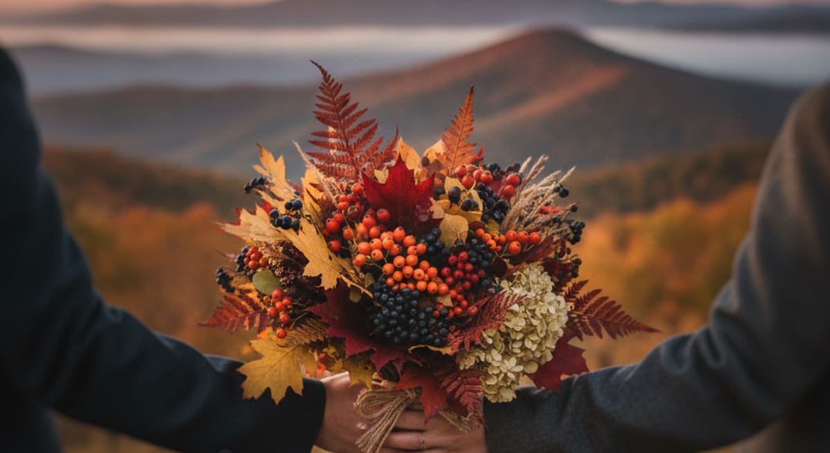 Brautstrauß aus Herbstlaub und Beeren mit verschwommener Bergkulisse im Hintergrund