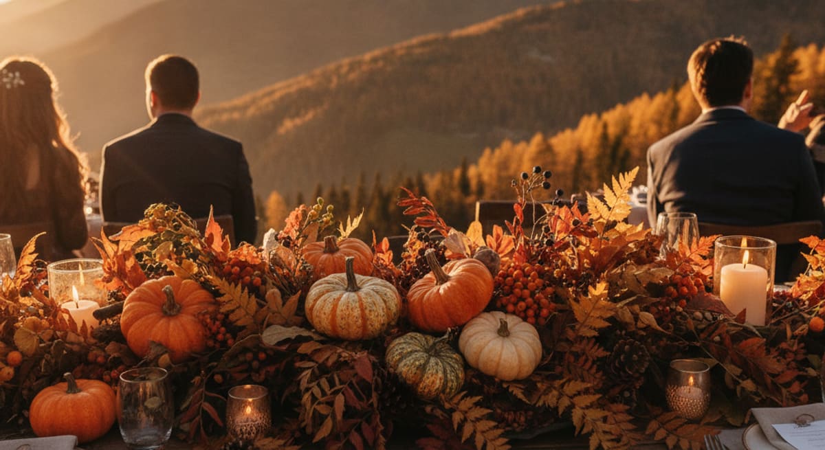 Rustikales Hochzeits-Tischgesteck mit Kürbis und Herbstlaub vor Tiroler Bergpanorama