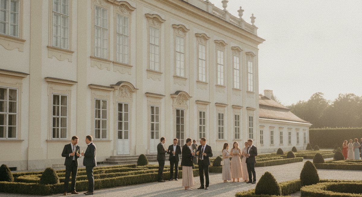 Sektempfang auf der Kiesterrasse vor der hellen Barockfassade eines österreichischen Schlosses im späten Nachmittagslicht