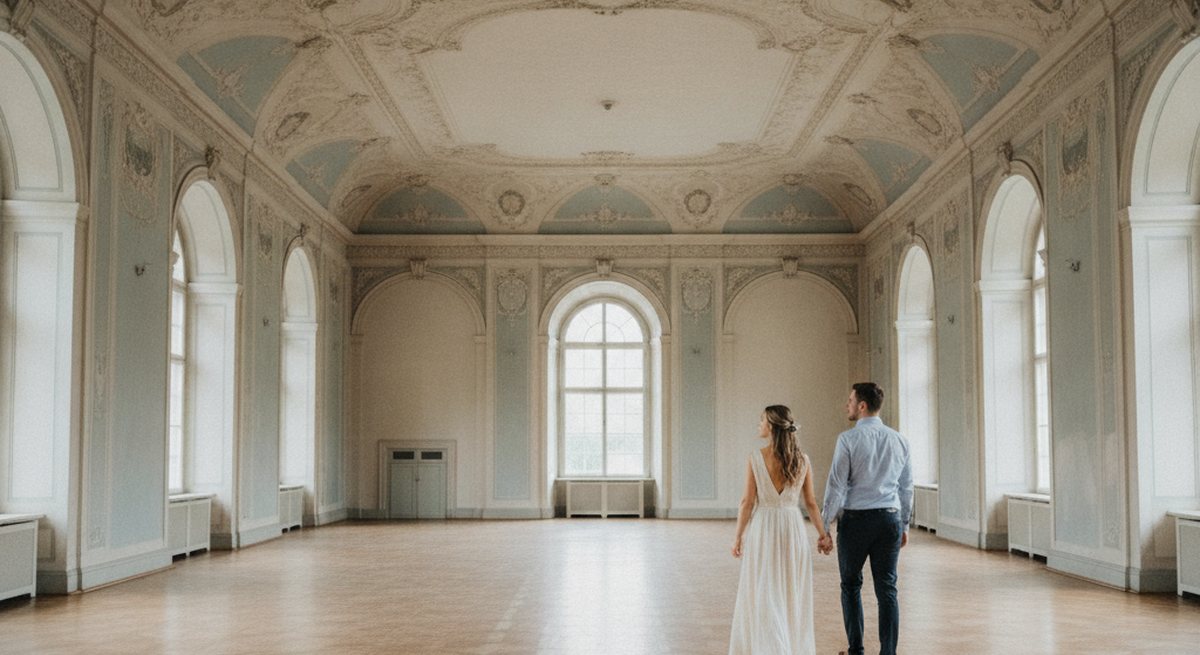 Ein Paar Hand in Hand in einem leeren historischen Festsaal mit Stuckdecke und Parkettboden, Tageslicht fällt durch hohe Bogenfenster
