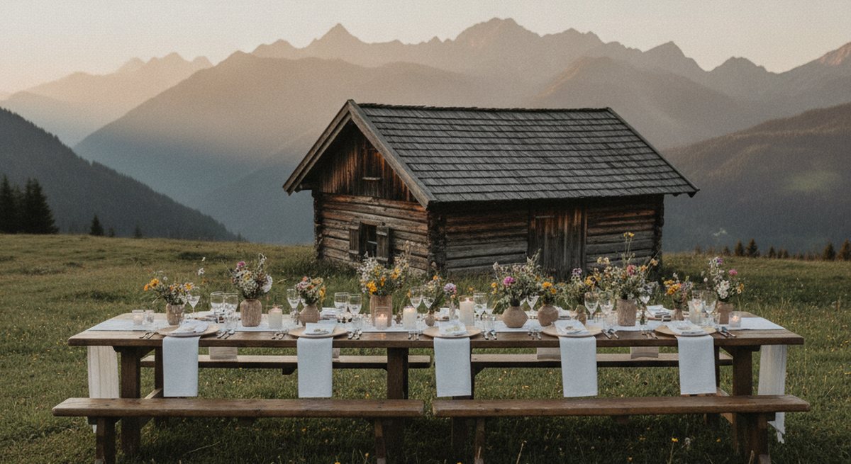 Festlich gedeckte lange Holztafel auf einer Almwiese vor einer alten Almhütte, dahinter weites Bergpanorama im Abendlicht