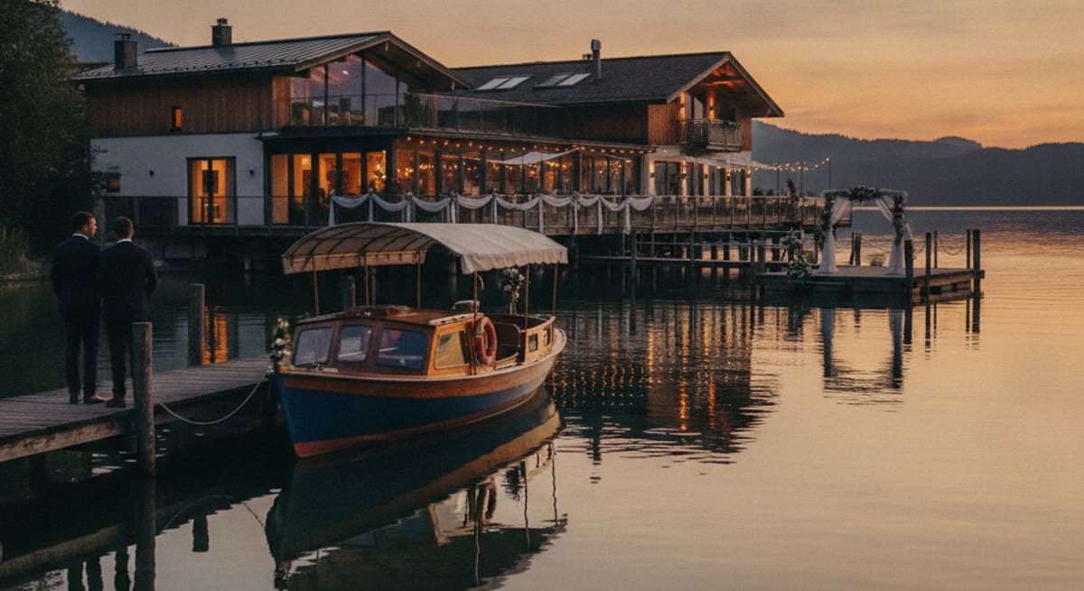 Kleines Ausflugsboot legt am Steg einer Seehochzeit-Location in Kärnten an, Abendstimmung, sanftes Licht auf dem Wasser