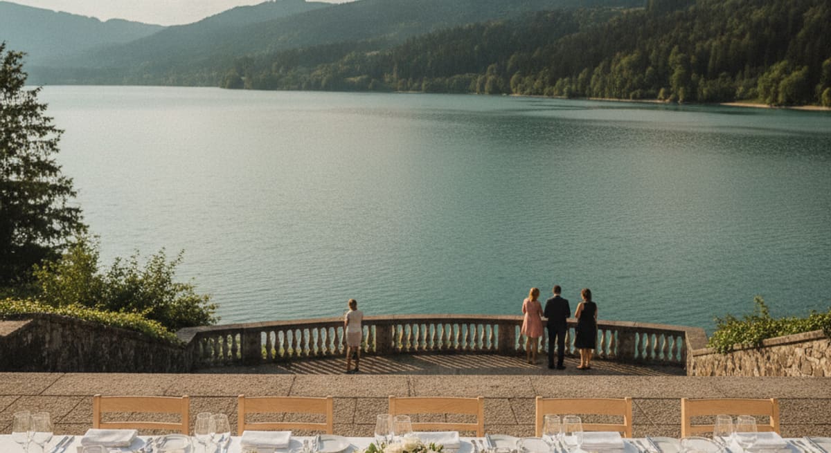 Weiß gedeckter Hochzeitstisch auf einer Uferterrasse an einem Kärntner See, Blick auf Wasser und bewaldete Hügel, warmes Nachmittagslicht