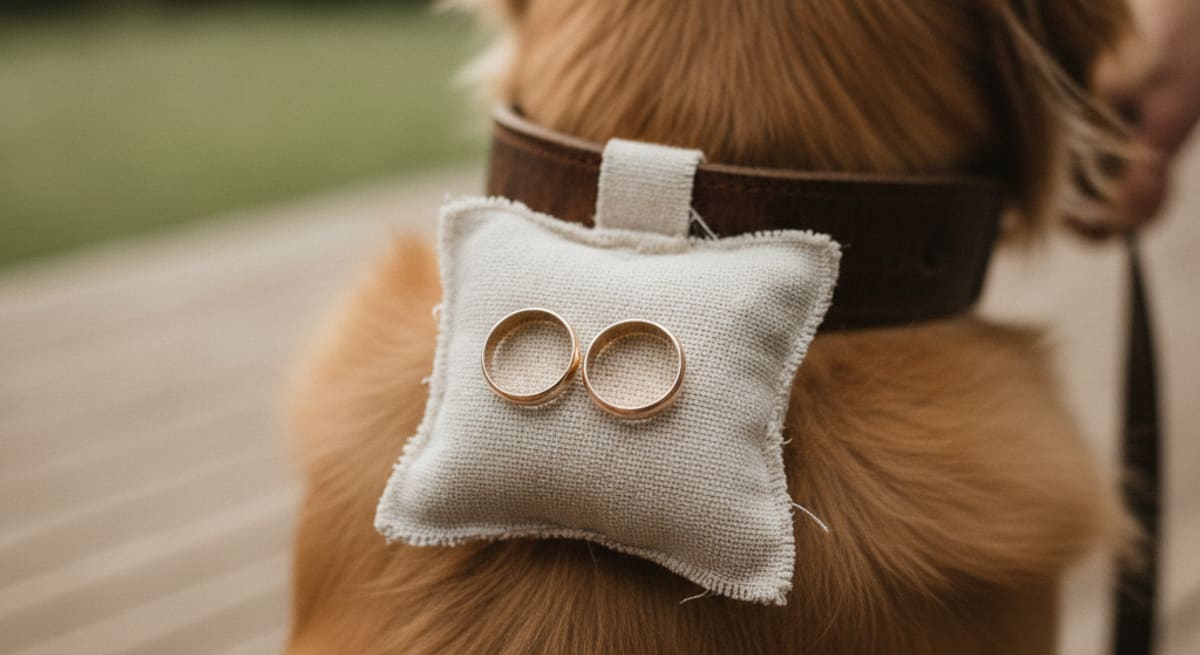 Detailaufnahme eines kleinen Ringkissens am Halsband eines Hundes, natürliches Licht im Freien