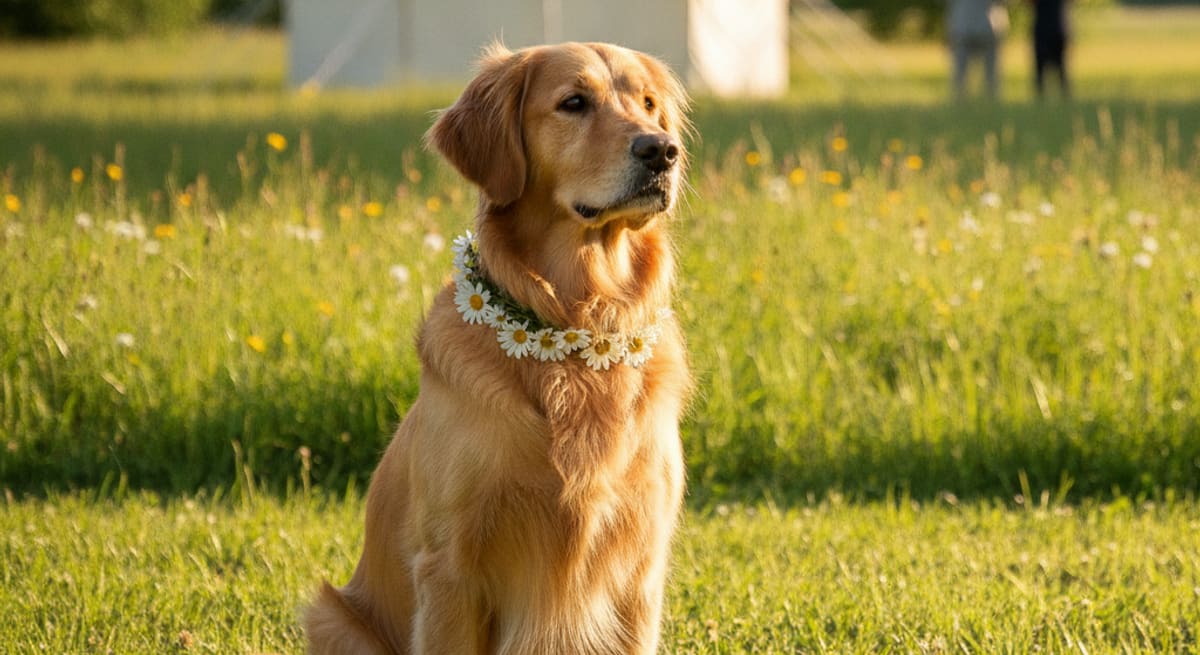 Hund mit Blumenschmuck-Halsband sitzt auf einer Wiese vor sanft unscharfem Hochzeitszelt im Hintergrund