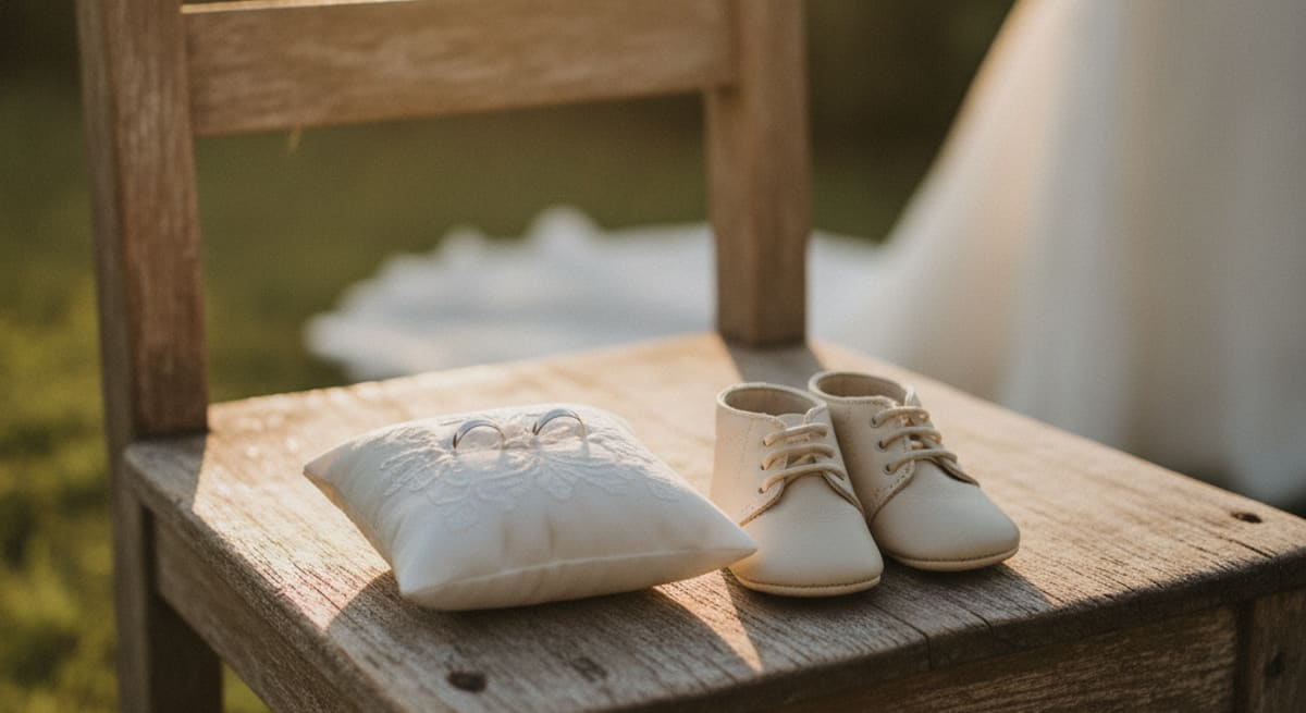 Detailaufnahme von Kinderschuhen und einem Ringkissen auf einem Holzstuhl bei einer Hochzeitszeremonie im Freien