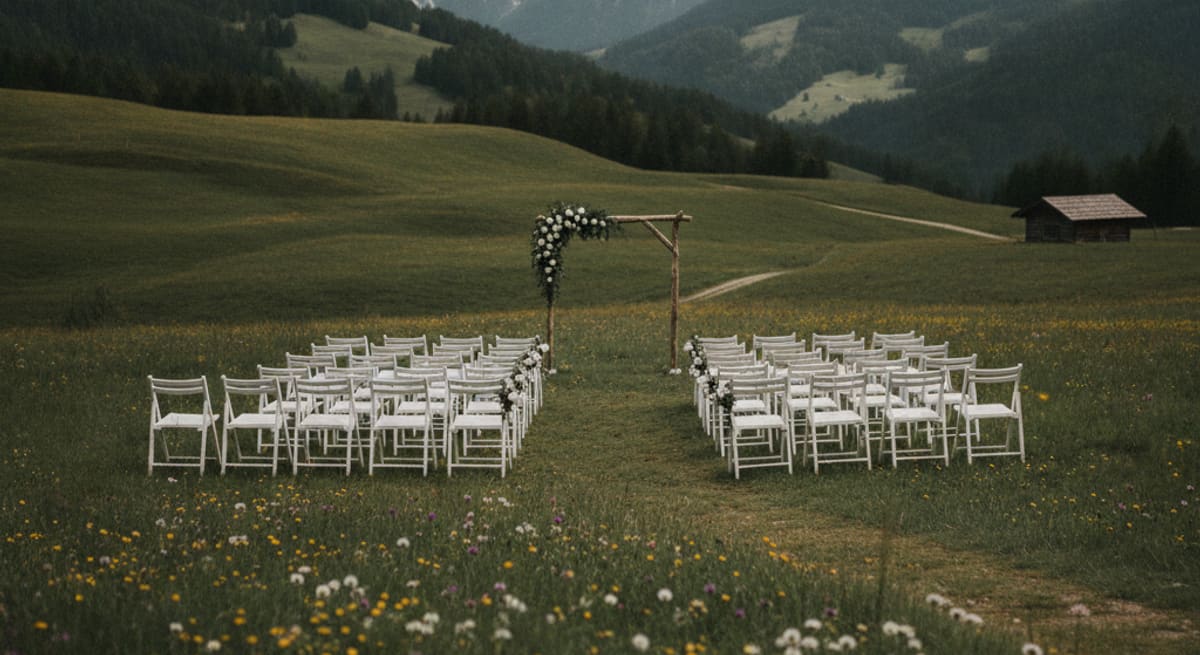 Freie Trauungszeremonie auf einer Almwiese in Tirol, Stuhlreihen im Freien, Bergkulisse im Hintergrund