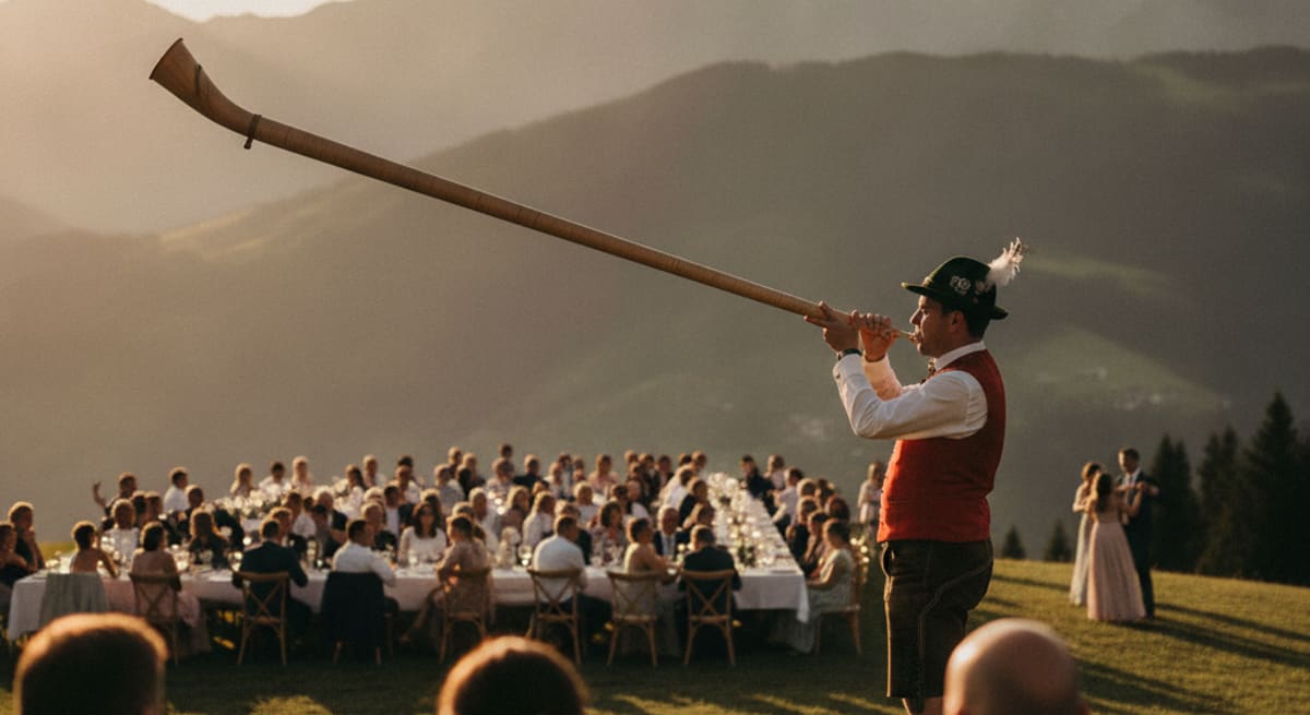 Alphornbläser in traditioneller Tracht vor Bergpanorama bei einer Hochzeitsfeier in Tirol, Abendlicht