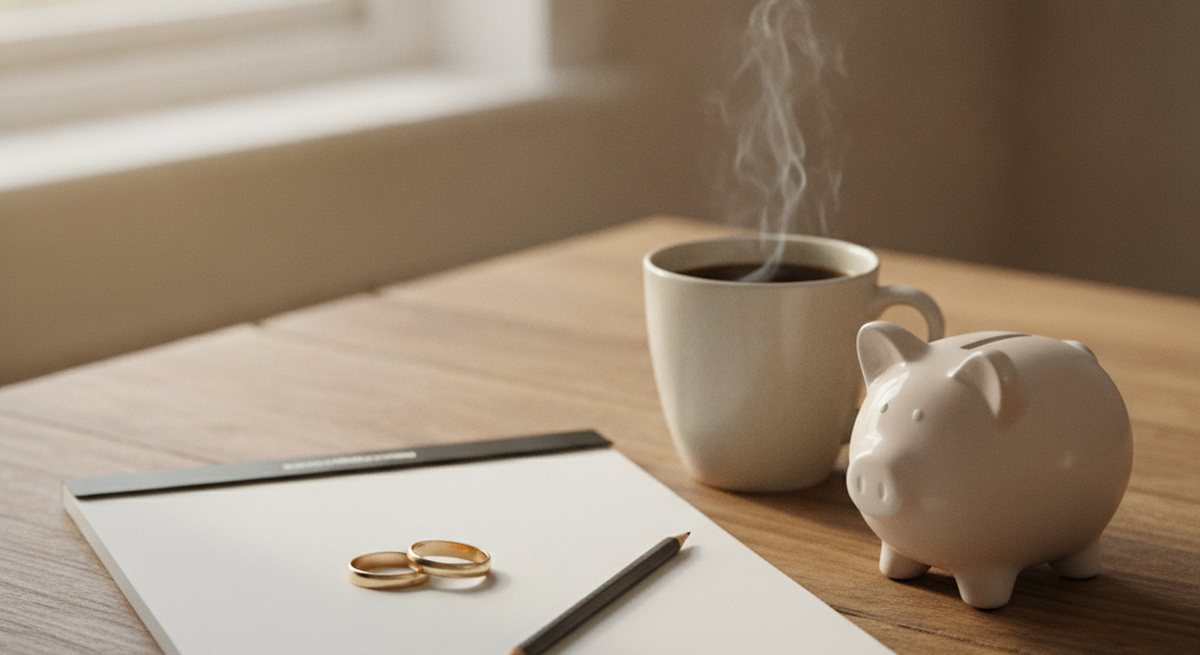 Zwei schlichte Trauringe auf einem leeren Notizblock am Küchentisch, daneben ein Bleistift, eine Tasse Kaffee und ein kleines Sparschwein