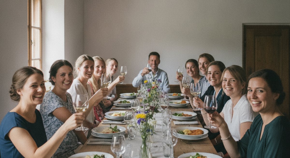Kleine Hochzeitsgesellschaft von etwa zwanzig Personen an einer langen Tafel in einer schlichten Gasthausstube, einfache Blumendeko, entspannte Stimmung