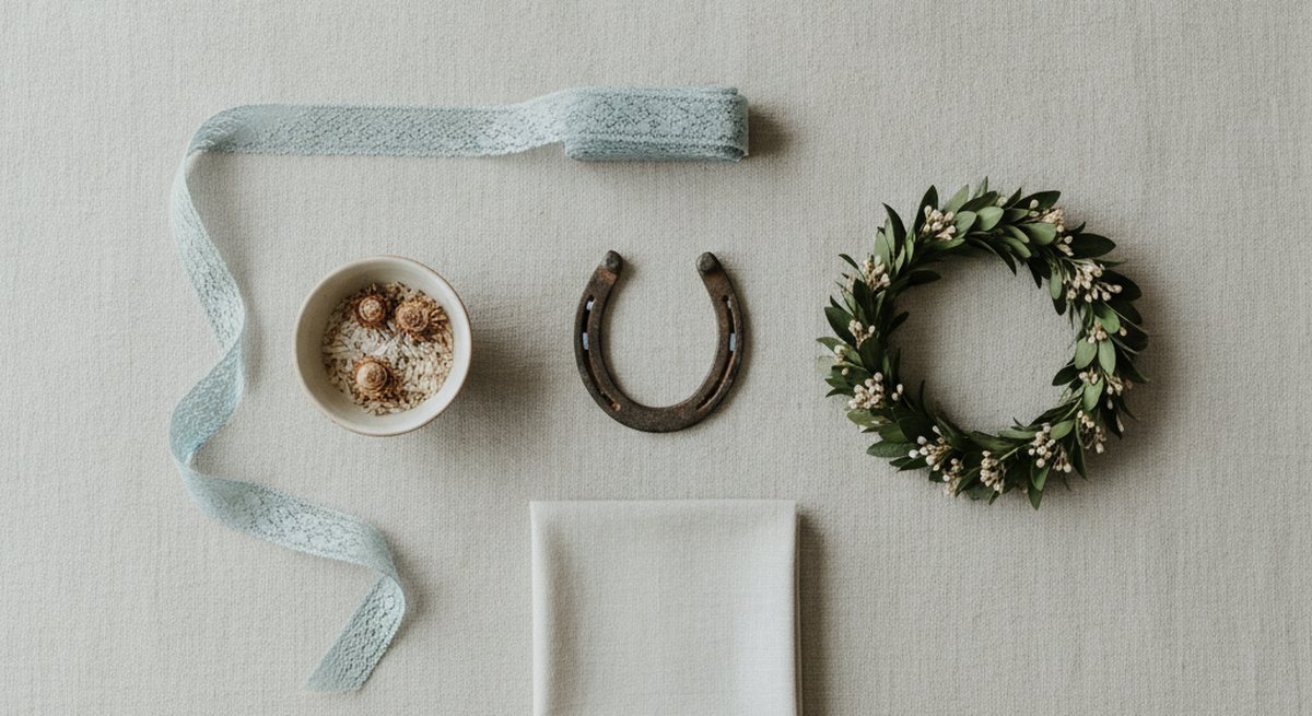 Flatlay auf hellem Leinen mit hellblauem Spitzenband, getrockneten Blüten und Reiskörnern in einer Schale, kleinem Hufeisen, Myrtenkranz und gefaltetem Leinentaschentuch