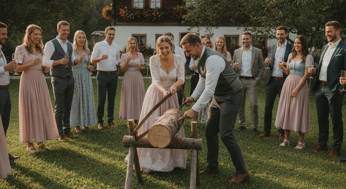 Brautpaar sägt mit einer Zugsäge gemeinsam einen Baumstamm durch, Gäste stehen lachend im Halbkreis auf einer Wiese vor einem Bauernhof