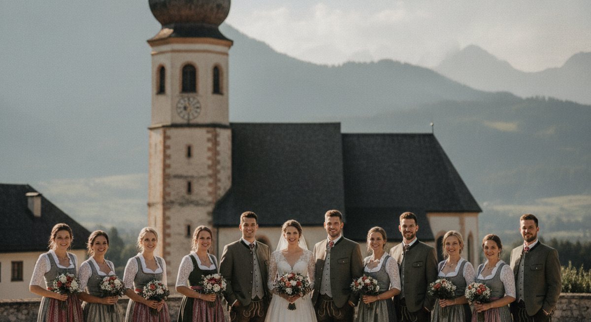 Hochzeitsgesellschaft in österreichischer Tracht, Dirndl und Lederhosen in gedeckten Farben, in locker stehender Gruppe vor einer alten Dorfkirche mit Zwiebelturm im späten Nachmittagslicht