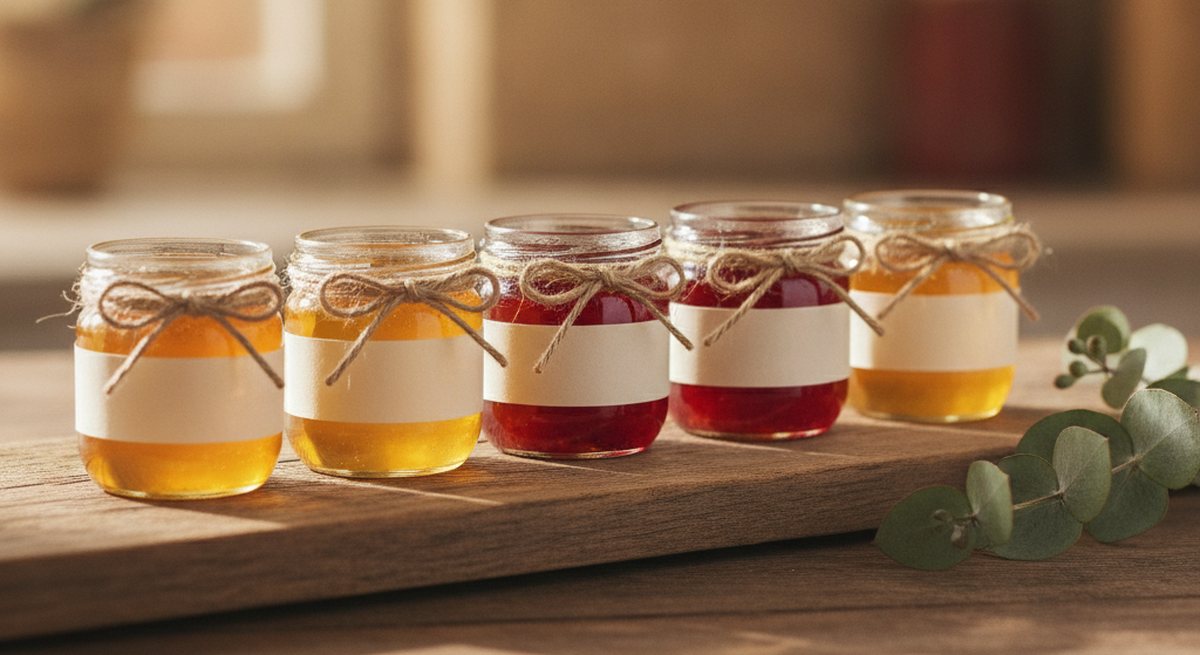 Kleine Gläser mit Honig und Marmelade auf einem Holztisch, jedes mit schlichter Papierbanderole und Naturbindfaden