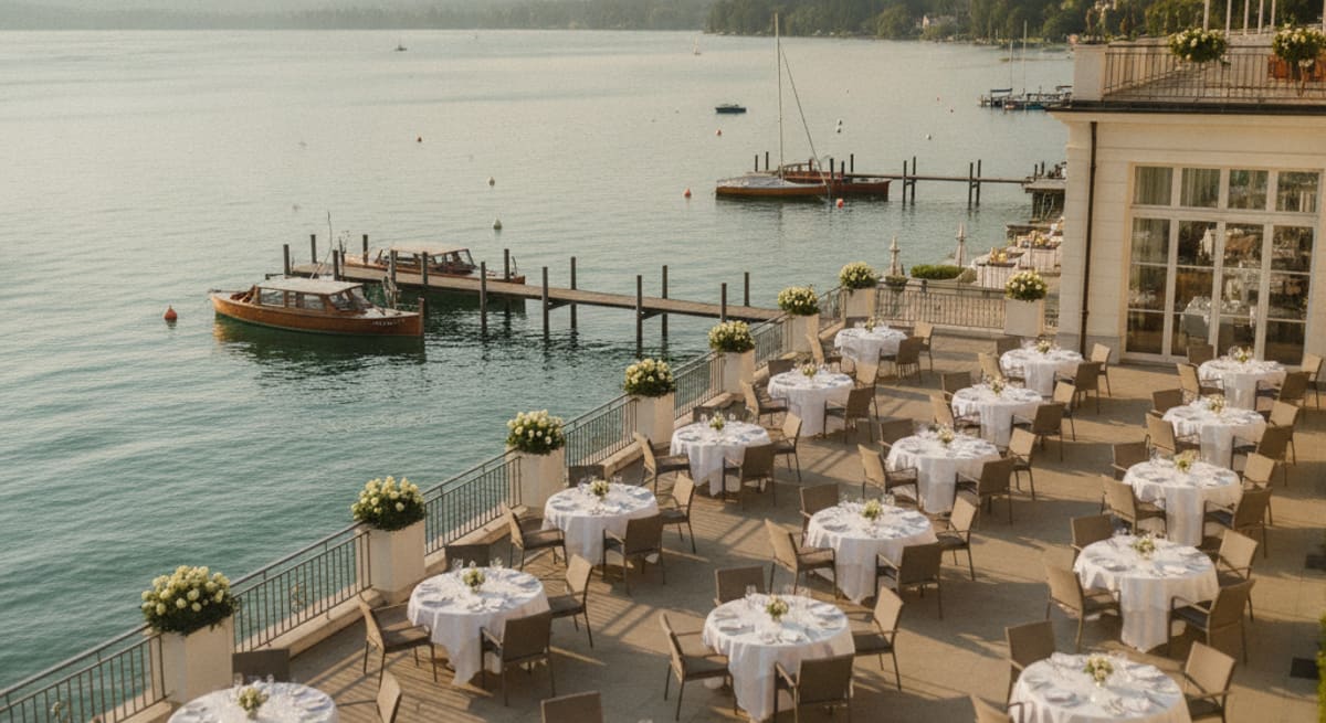 Elegantes Seehotel am Wörthersee mit Terrasse, gedeckten Tischen und Blick auf Boote am Steg