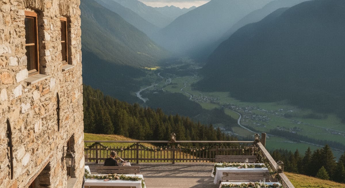 Rustikales Bergschloss in Tirol mit Terrasse für Hochzeitsfeier und Blick ins Alpental