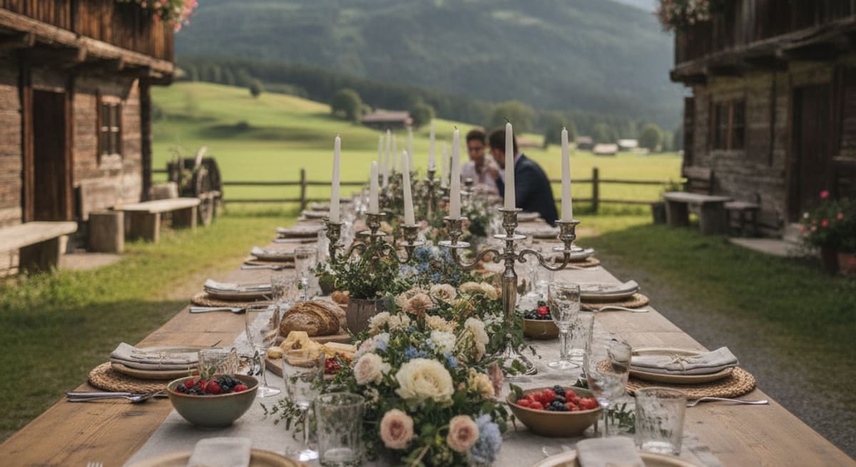 Gedeckte Hochzeitstafel auf urigem Bauernhof in Tirol mit Blick auf grüne Almwiesen
