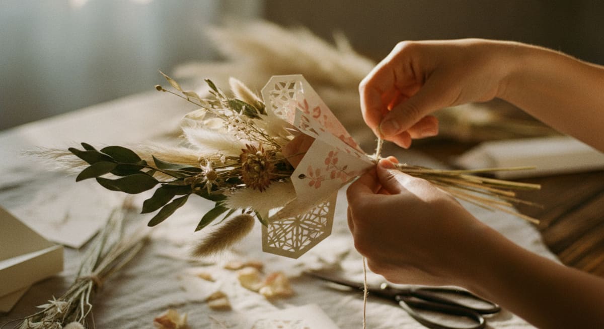 Selbstgemachte Hochzeitsdeko mit Papierkarten und Trockenblumen wird von Hand gebunden