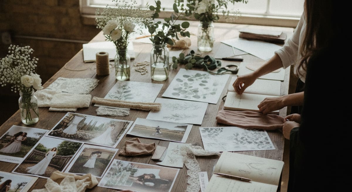 Planungstisch mit Moodboard, Stoffmustern und Blumenmustern für eine Hochzeit