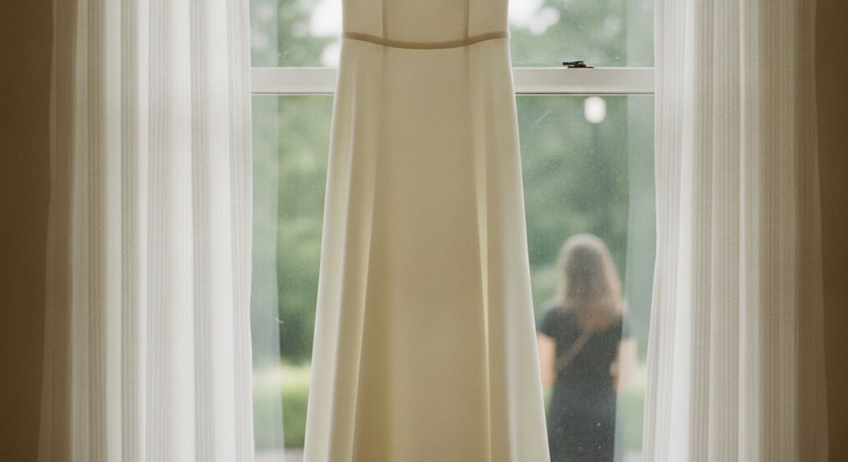 Zeitgenössisches Brautkleid-Detail aus Seide an einer Kleiderstange, natürliches Licht durch ein Fenster