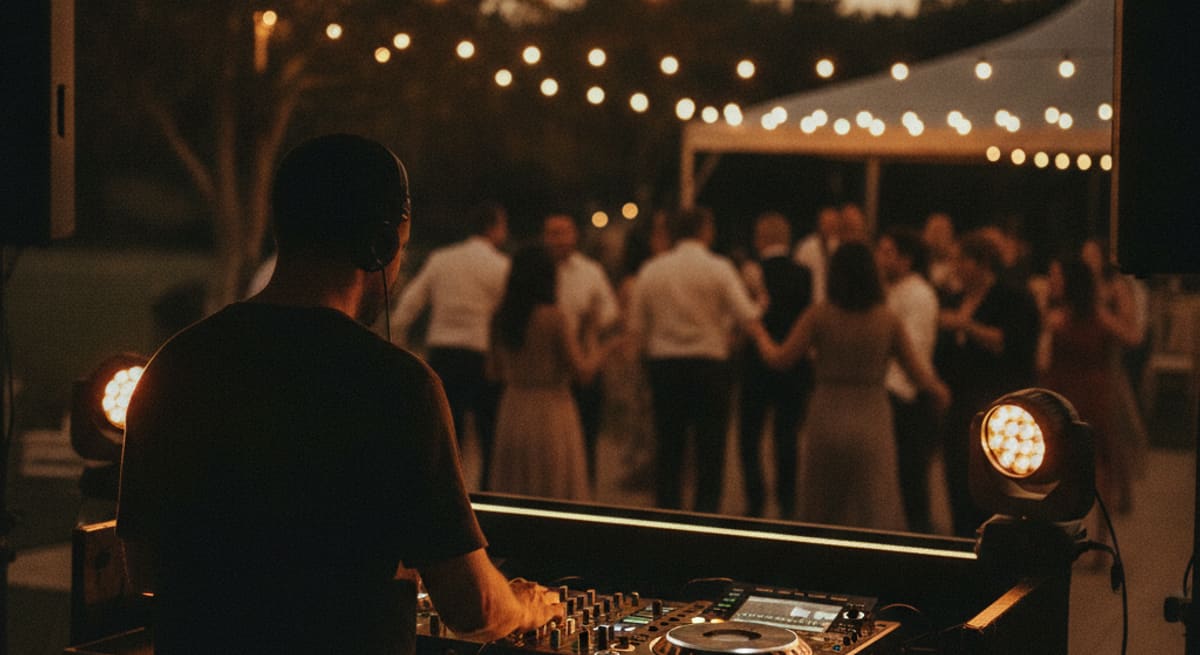 DJ-Pult mit warmen Lichtern bei abendlicher Hochzeitsfeier, tanzende Silhouetten im Hintergrund