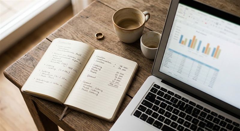 Paar plant gemeinsam das Hochzeitsbudget mit Notizbuch, Laptop und Kaffee am Tisch