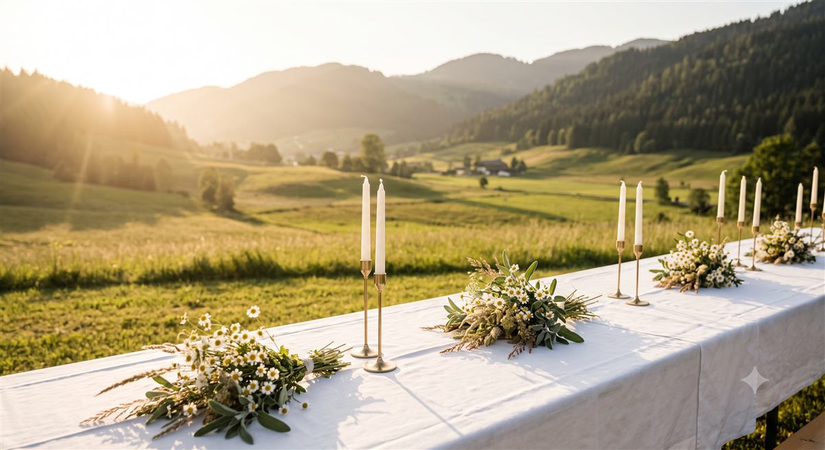 Gedeckte Hochzeitstafel im Freien vor österreichischer Berglandschaft bei Sonnenuntergang