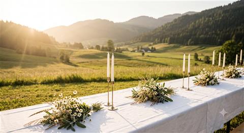 Gedeckte Hochzeitstafel im Freien vor österreichischer Berglandschaft bei Sonnenuntergang
