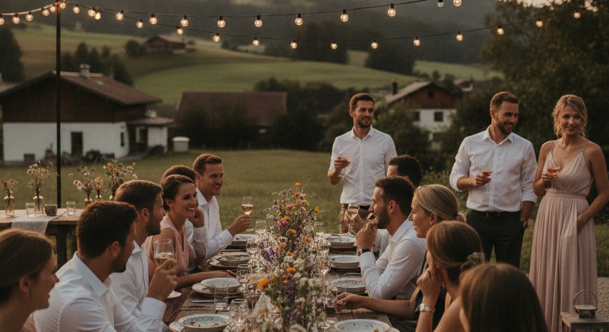 Entspanntes Welcome-Dinner am Vorabend: Gäste in Alltagskleidung an rustikalen Tischen, Lichterketten, keine Deko-Perfektion