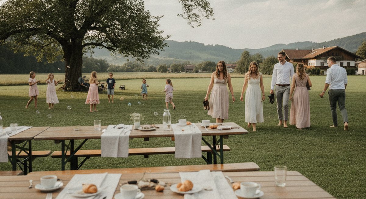Später Brunch am Tag nach der Hochzeit: halb geleerte Tische, Gäste barfuß im Gras, Kinder spielen im Hintergrund