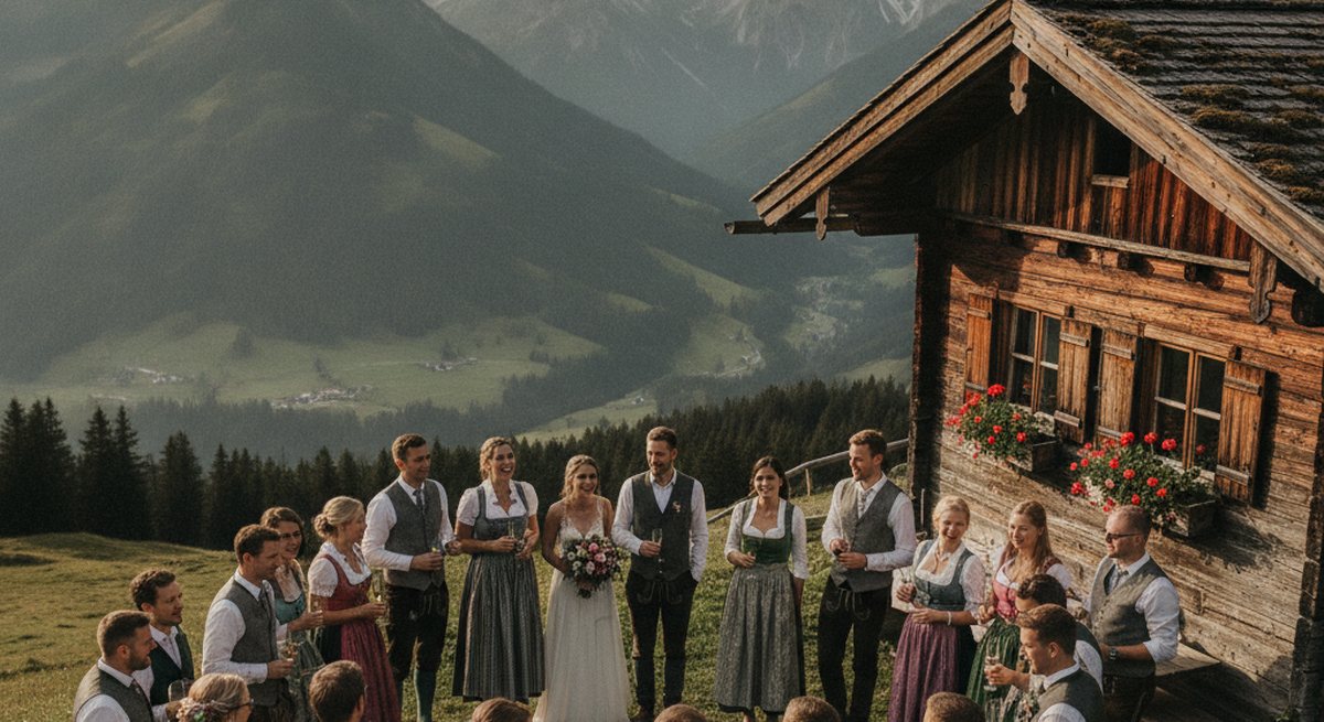 Kleine Hochzeitsgruppe von etwa 25 Personen steht locker im Halbkreis vor einer Almhütte, im Hintergrund Bergpanorama am späten Nachmittag