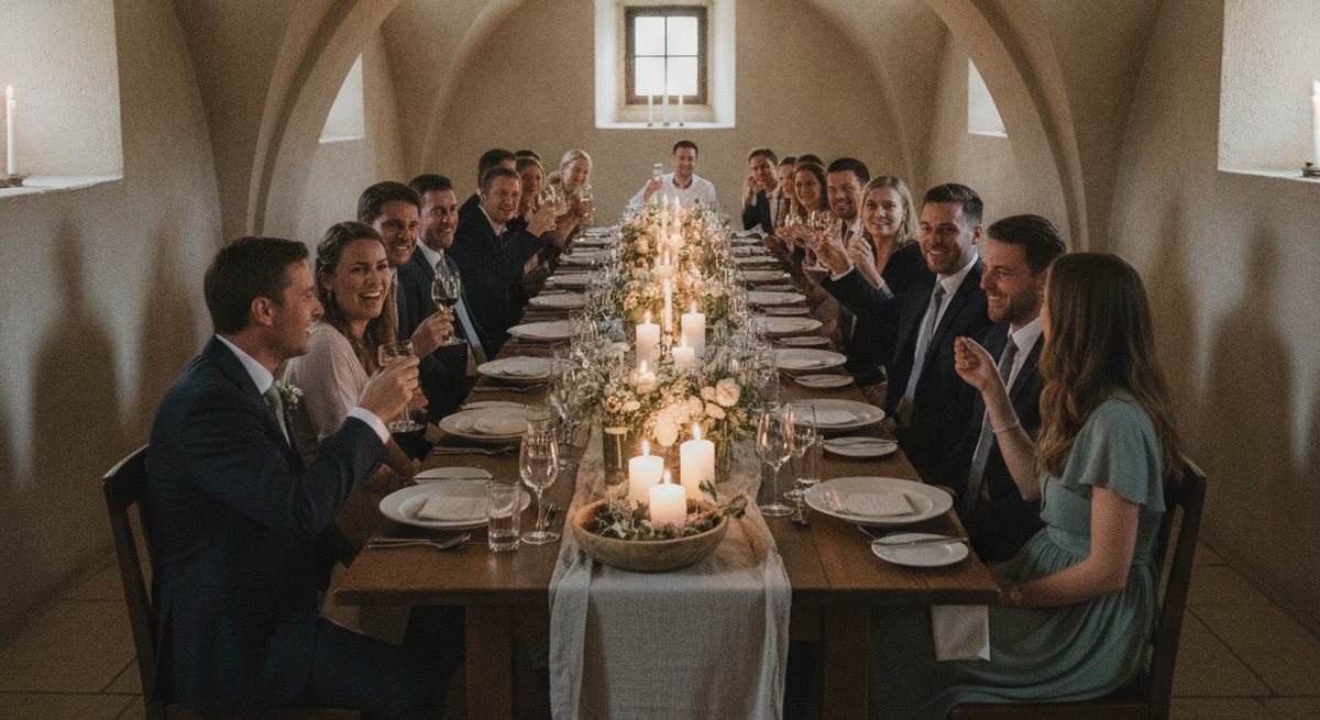 Eine einzige lange Holztafel für rund 30 Gäste in einem Gewölbekeller, schlicht gedeckt mit Leinenläufer, Kerzen und niedrigen Blumenschalen