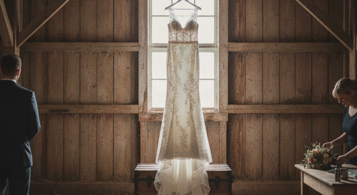 Brautkleid hängt an einem Holzbalken in einer alten Scheune mit natürlichem Licht