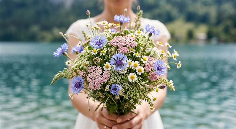 Braut-Blumenstrauß aus Wildblumen mit Seelandschaft im unscharfen Hintergrund