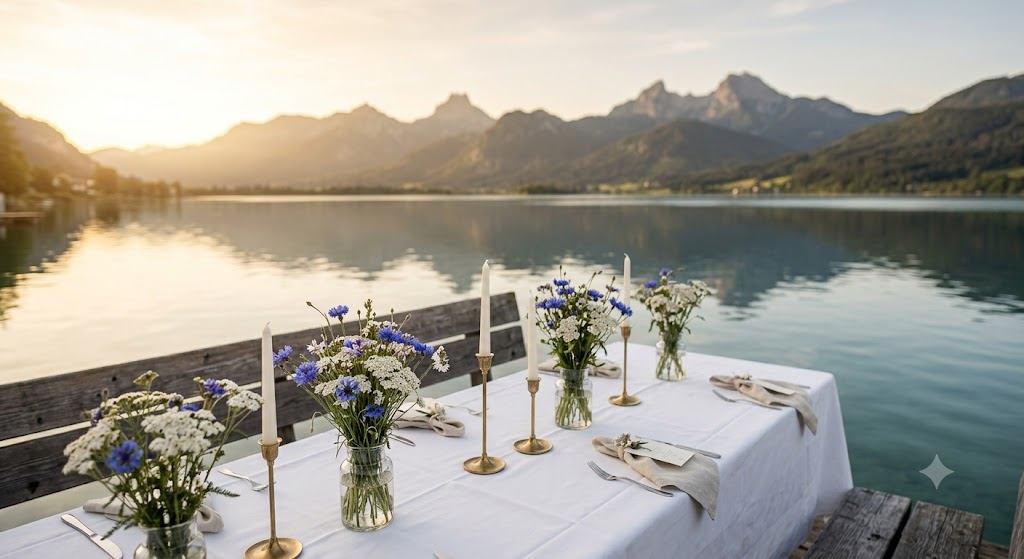 Gedeckter Hochzeitstisch auf Seeterrasse am Wolfgangsee mit Bergpanorama
