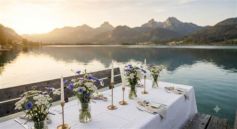 Gedeckter Hochzeitstisch auf Seeterrasse am Wolfgangsee mit Bergpanorama