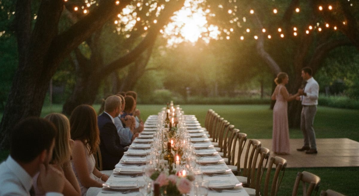 Abendliche Sommerhochzeit im Freien bei goldenem Licht, Lichterketten zwischen Bäumen, gedeckte Tafel im Garten