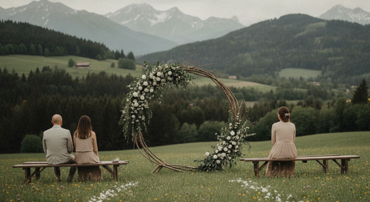 Schlichter Blumenbogen für eine freie Trauung auf einer Wiese in Österreich