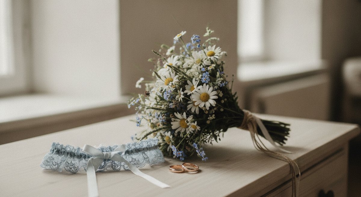 Hellblaues Spitzen-Strumpfband auf einer Holzkommode neben einem Brautstrauß aus Wiesenblumen und zwei Trauringen im weichen Fensterlicht